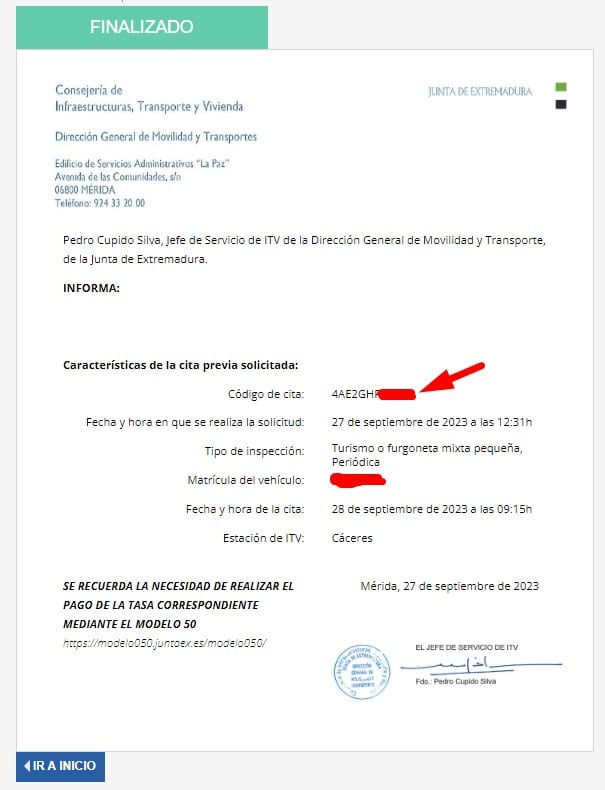 Cita Junta de Extremadura ITV Codigo de cita