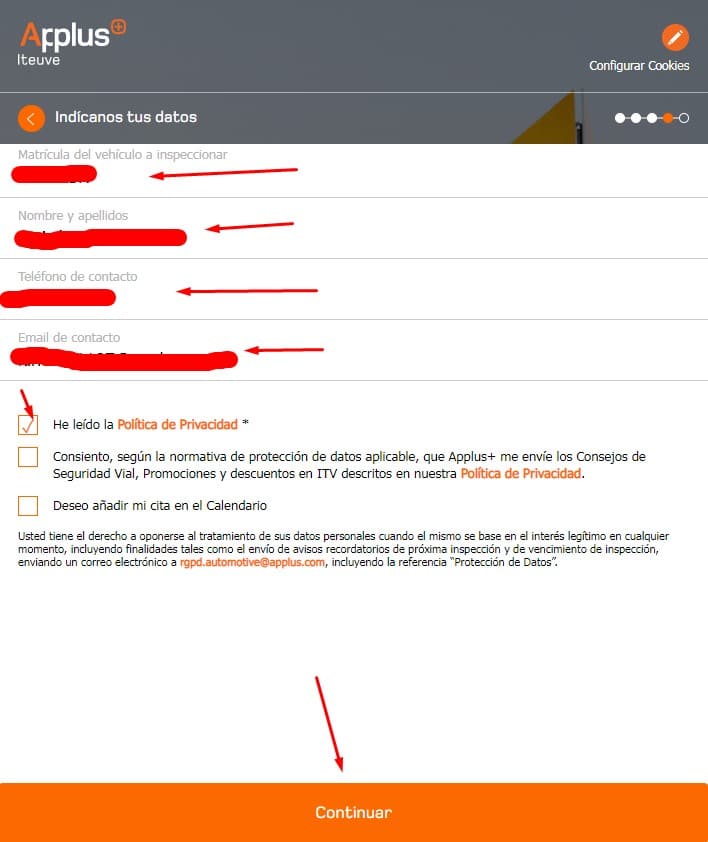 Cita Previa Applus Iteuve Datos personales