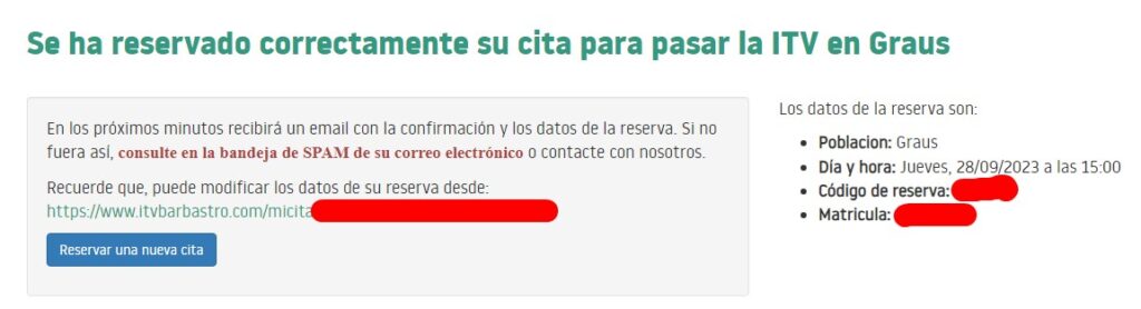 Cita Previa ITV Barbastro Cita reservada correctamente