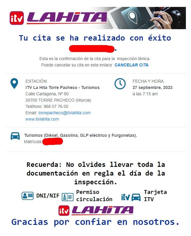 Cita Previa ITV La Hita Email de confirmacion