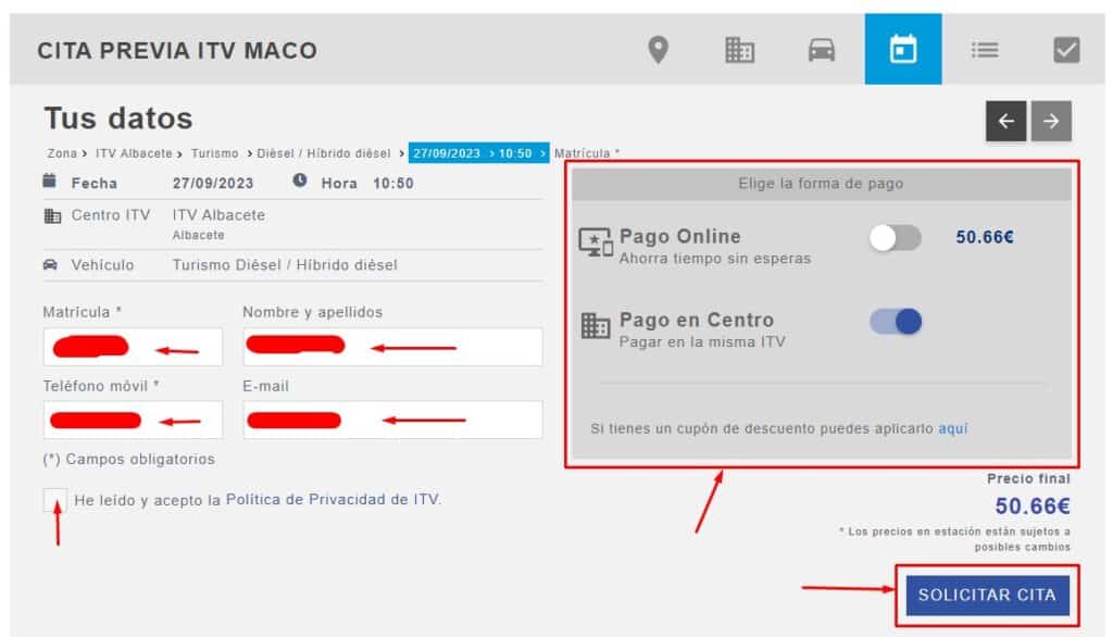 Cita Previa ITV Maco Rellena los datos