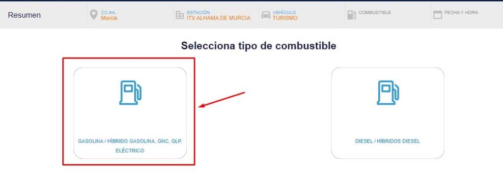 Cita Previa ITV Red Itevelesa Seleccionar tipo de combustible