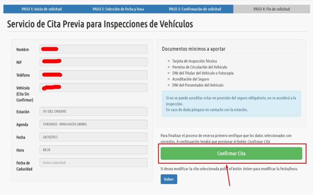 Cita Previa ITVASA Confirmar cita