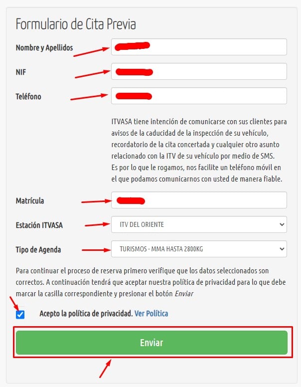 Cita Previa ITVASA Formulario cita