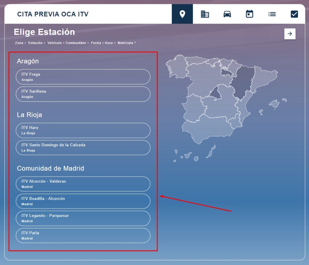 Cita Previa OCA ITV Seleccionar estacion ITV