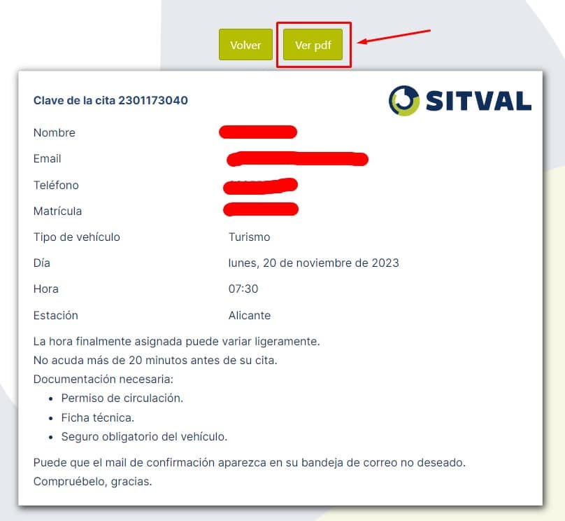 Cita Previa SITVAL Comprobante de cita