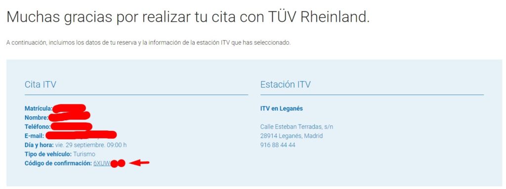 Cita Previa TUV Rheinland Codigo de confirmacion