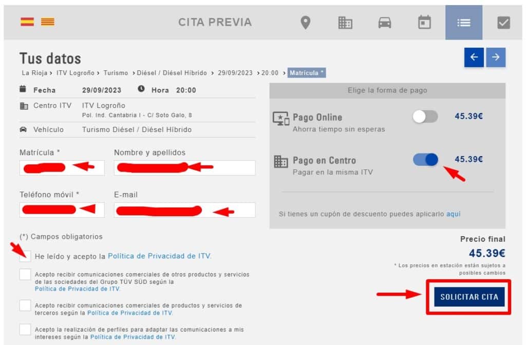 Cita Previa TUV SUD Datos personales