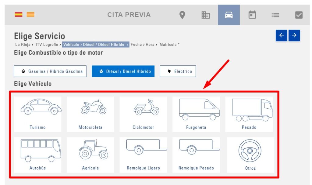 Cita Previa TUV SUD Elige tipo de vehiculo